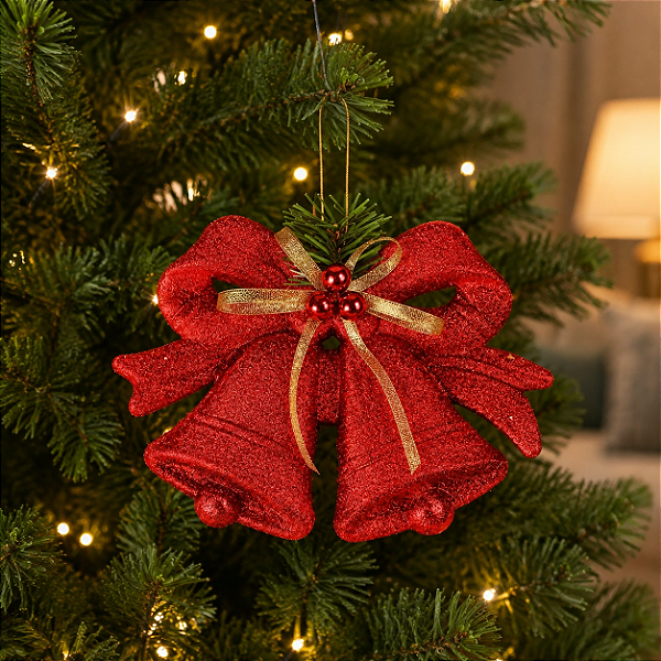 Sino Duplo Vermelho com Glitter 20x14cm – Enfeite de Natal Decorativo