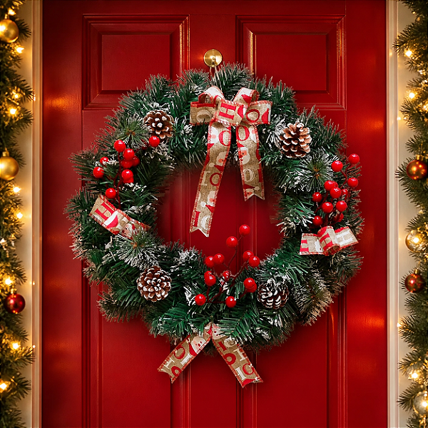 Guirlanda Decorada Nevada 40cm com Laços e Pinhas – Decoração Natalina Clássica e Elegante