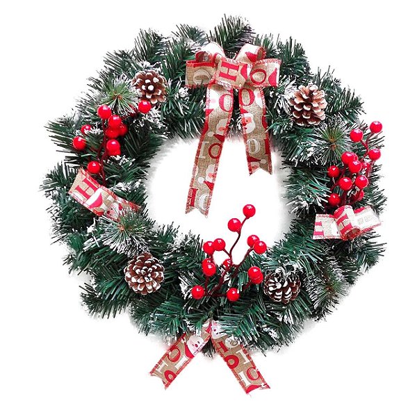 Guirlanda Decorada Nevada 40cm com Laços e Pinhas – Decoração Natalina Clássica e Elegante