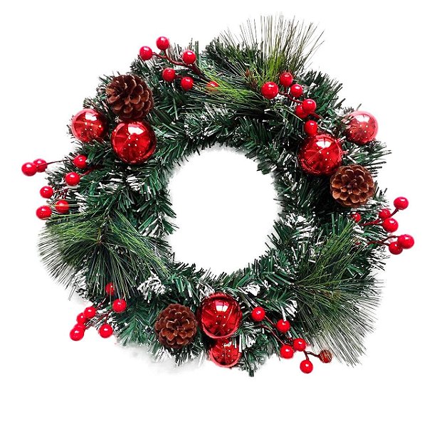 Guirlanda Natalina Nevada com Pinha, Bolas e Azevinhos 40cm – Decoração Clássica de Natal