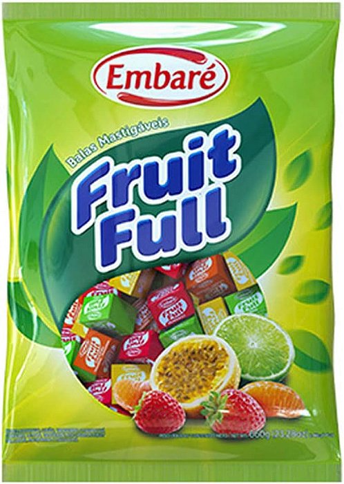 Balas Mastigáveis Fruit Full Sabores Limão, Maracujá, Morango e Tangerina 660g - Aprox. 165 Unidades - Embare