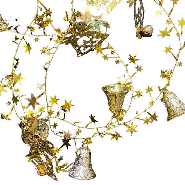 Corrente De Natal Sinos Anjos e Estrela Prata - 2 Metros