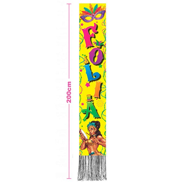 Faixa Vertical Carnaval Amarela com Fitilho - 200cm x 24,5 cm