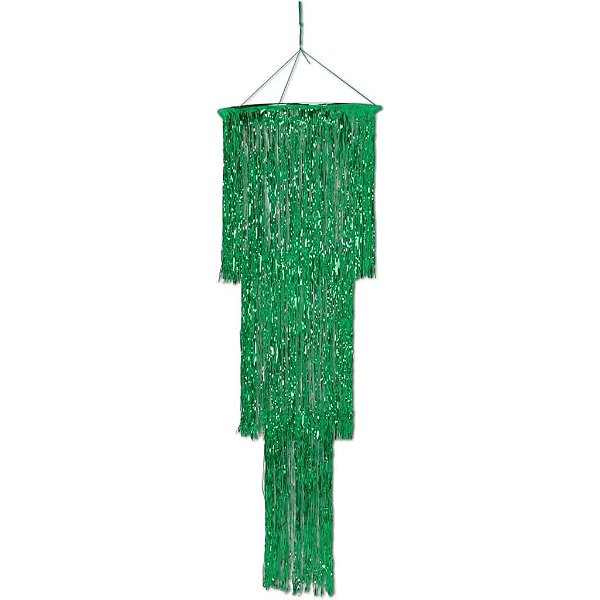 Enfeite De Teto Lustre Metalizado Grande Com Franja Verde - 1,80M