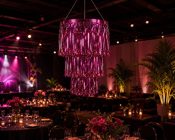 Enfeite De Teto Lustre Metalizado Grande Com Franja Pink - 80cm