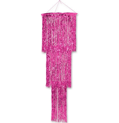 Enfeite De Teto Lustre Metalizado Grande Com Franja Pink - 1,80M
