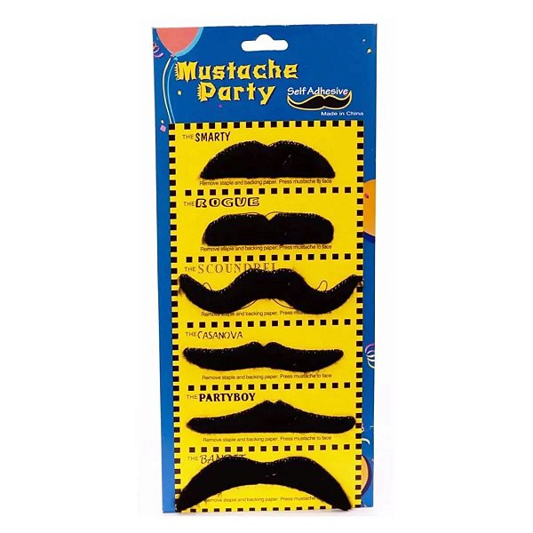Cartela com 6 Bigodes Falsos 10 cm Diversos Formatos