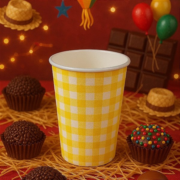 Copo De Papel Festa Junina Xadrez Amarelo 250ml - 10 Unidades