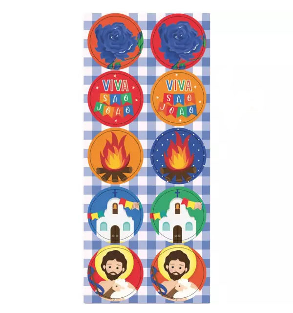 Adesivo Redondo Festa Junina - 3 Cartelas Com 10 Adesivos Cada (30 Unidades)