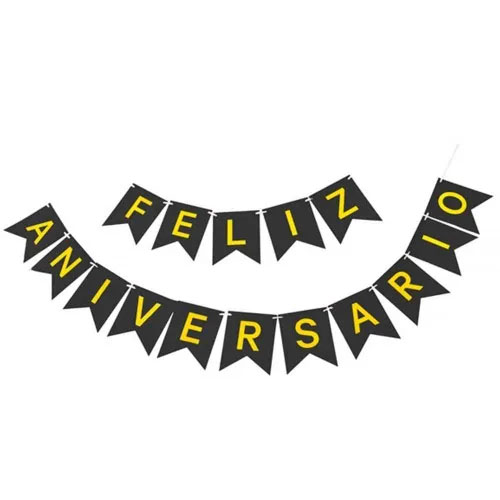 Faixa Feliz Aniversario - Preto com Letra Dourada - 1,80 Metros