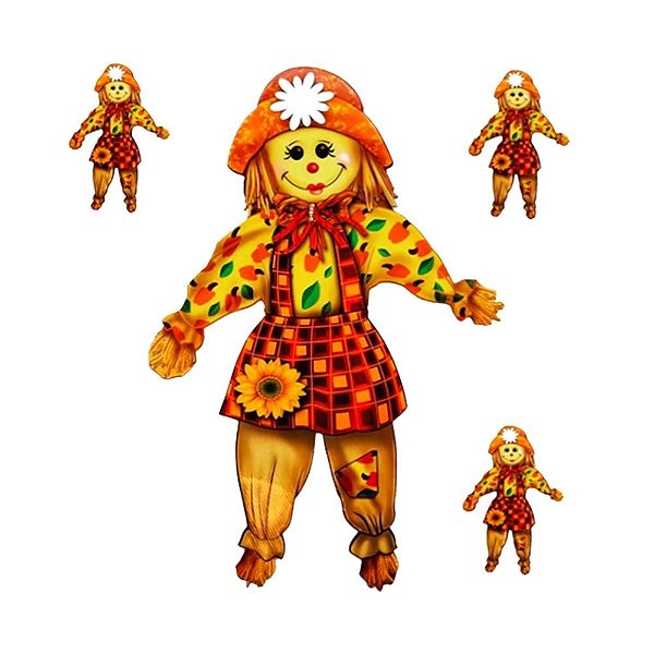 Enfeite Painel Espantalho Menina + 3 Enfeites Pequenos Festa Junina 72x48cm