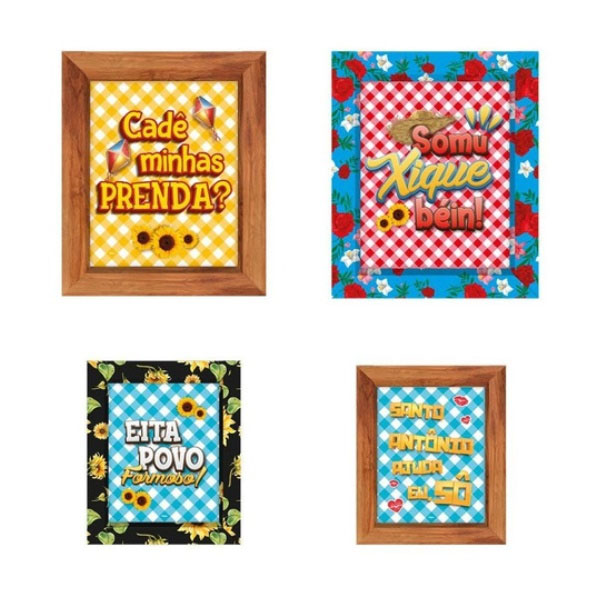 Quadro Decorativo de Papel com Moldura Festa Junina Arraiá 26x21cm - 4 Unidades