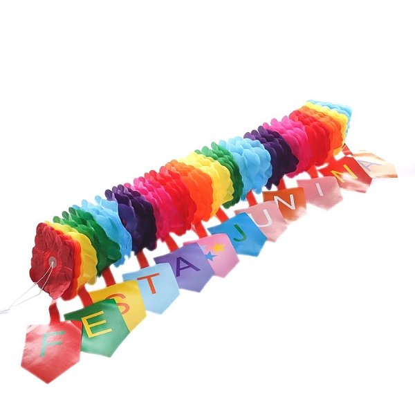 Faixa de Origami de Papel Seda Colorido com Dobraduras e Frase “Festa Junina" - 3 Metros