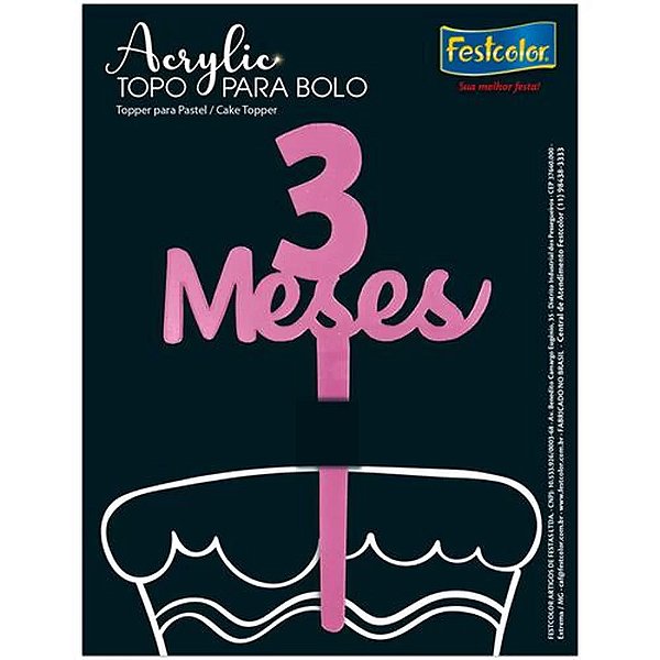 Topo Acrylic 3 Meses Rosa Fosco - 15x10cm