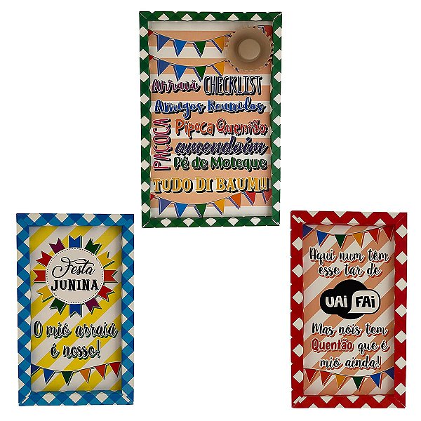 Quadro Decorativo Festa Junina - 3 quadros (1 grande 40x25cm  e 2 menores 25x15cm)