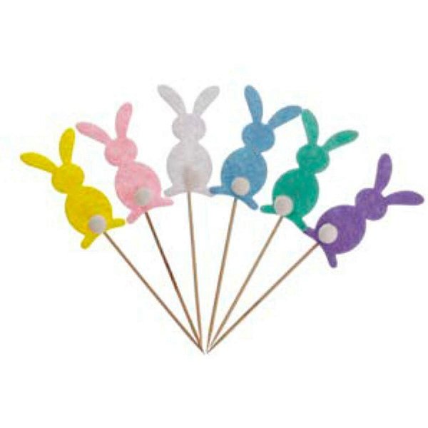 Palito Decorativo Pascoa Coelho Eva com Pompom 16x3cm - 6 Unidades