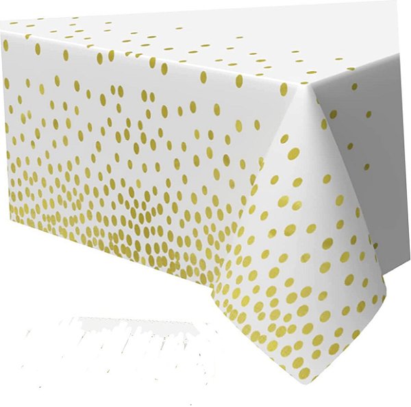 Toalha De Mesa Metalizada Branca com Bolinhas Douradas - 137 x 183 cm