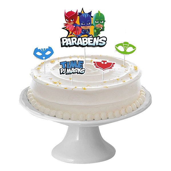 Decoração de Bolo Cenário Festa Pj Masks - 5 Unidades (1 Grande 23x14cm + 4 Menores 11x6cm)