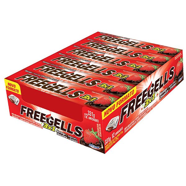 Bala Drops Freegells Display 3x1 Sabor (Morango + Recheio Chocolate + Cristais) 12un