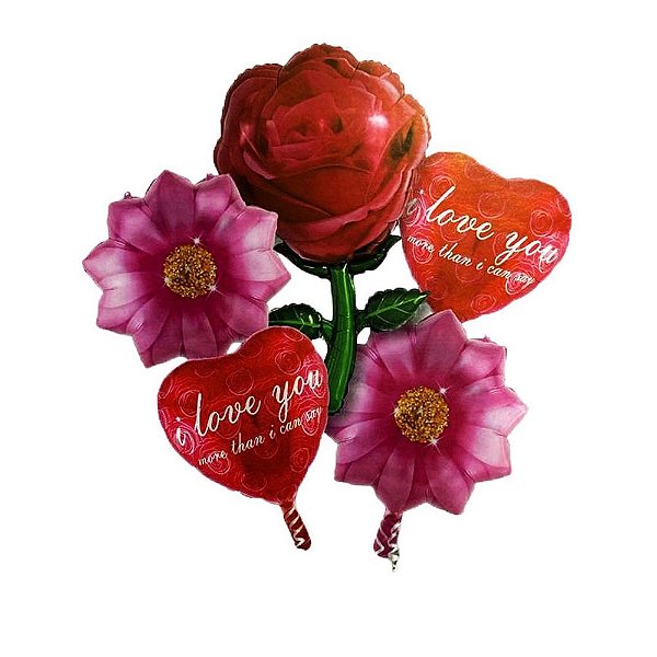 Kit Buque Balões Metalizados Modelo Rosas - 5 Unidades - Flutua com gás hélio