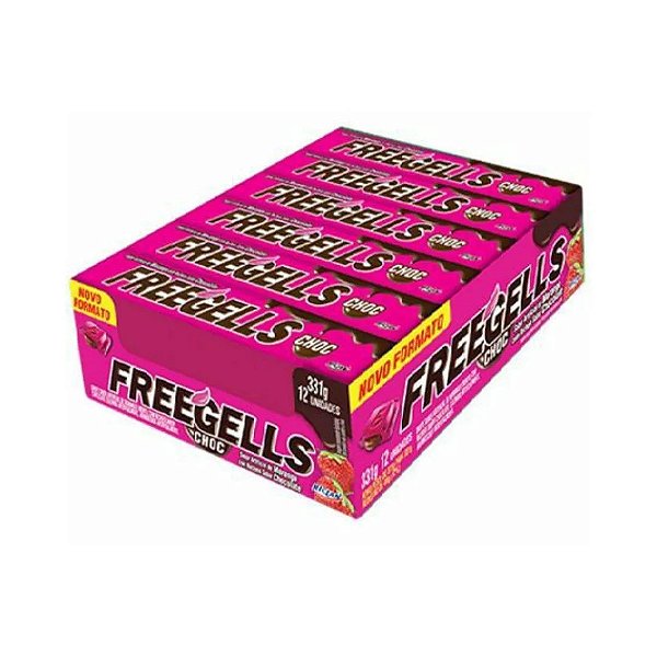 Bala Drops Freegells Mentolado Sabor Morango com Recheio Chocolate - Display 12 Unidades