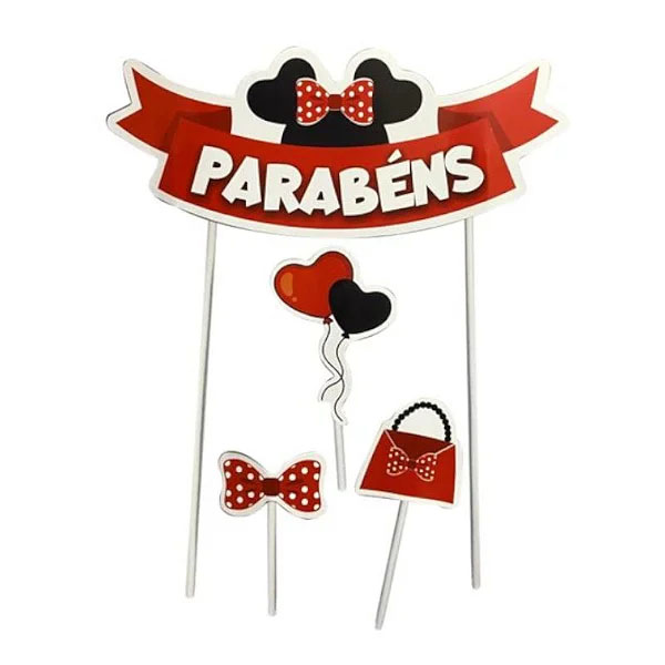 Topo de Bolo Topper Decoração Parabêns Laço Vermelho - 4 Peças (01 Topper maior + 3 Picks) - NC Toys