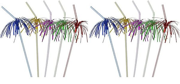 Canudo Plastico Fios Metalizados Coloridos 24cm - 12 Unidades