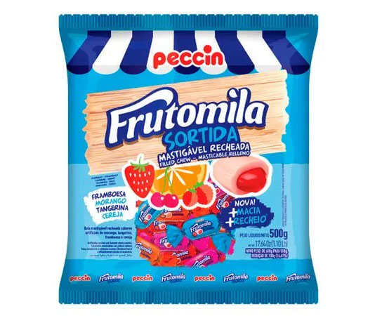 Bala Mastigável Recheada Frutomila Sabor Frutas Sortidas - Pacote 500g - Aprox. 100 Balas