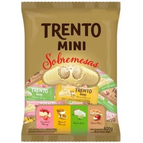Trento Mini Sabor Sobremesas ( Mousse de Maracujá, Torta de Limão e Torta de Maça) 38% Cacau - Pacote 800G - 50 Unidades