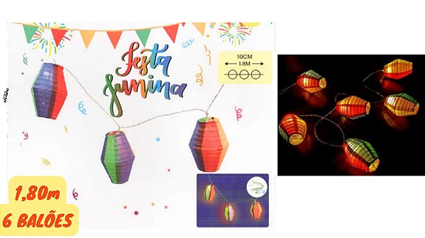 Cordão Luminoso Balão Festa Junina Luminária 6 LEDs a Pilha