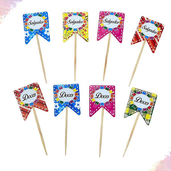 Topper Bandeirinha Festa Junina para Doces e Salgados 10cm - 20 unidades (Sendo 10 Doces e 10 Salgados)