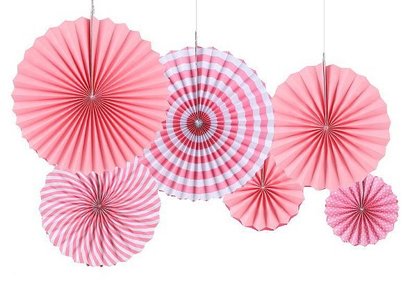 Kit Leques Enfeite de Papel Rosa- 6 Unidades (2 unds de 40cm + 2 unds de 30cm + 2 unds de 20cm)
