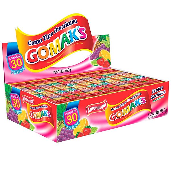 Bala Goma Tubo Frutas Sortidas Gomaks - Caixa 30 Unidades - 960g - Amendupã