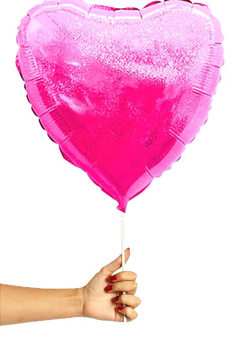 Balão Metalizado Coração Rosa Linha Hologlitter - Tamanho do Balão 10 Polegadas (25cm) + Vareta de 19cm - 1 Unidade