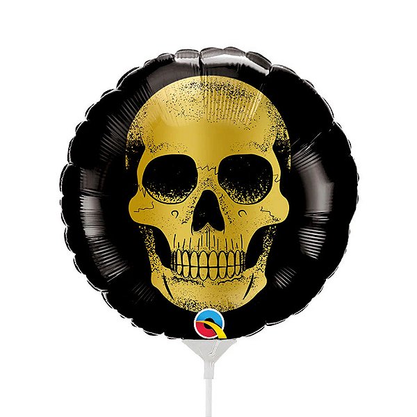 Balão Metalizado Redondo Crânio Dourado de Halloween - 9 Polegadas (23cm)