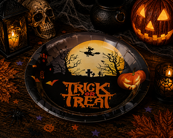 Prato de Papel Halloween Doçura ou Travessura - 18cm - 10 Unidades