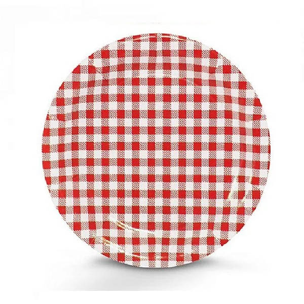 Prato de Papelão Laminado Xadrez Vermelho P6 - 32cm