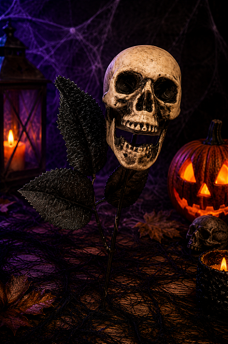 Rosa Negra com Caveira Halloween 41cm