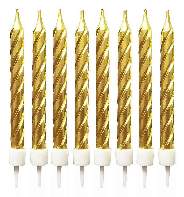 Velas de Aniversário Espiral Metalizada Dourada 8cm - 10 Unidades