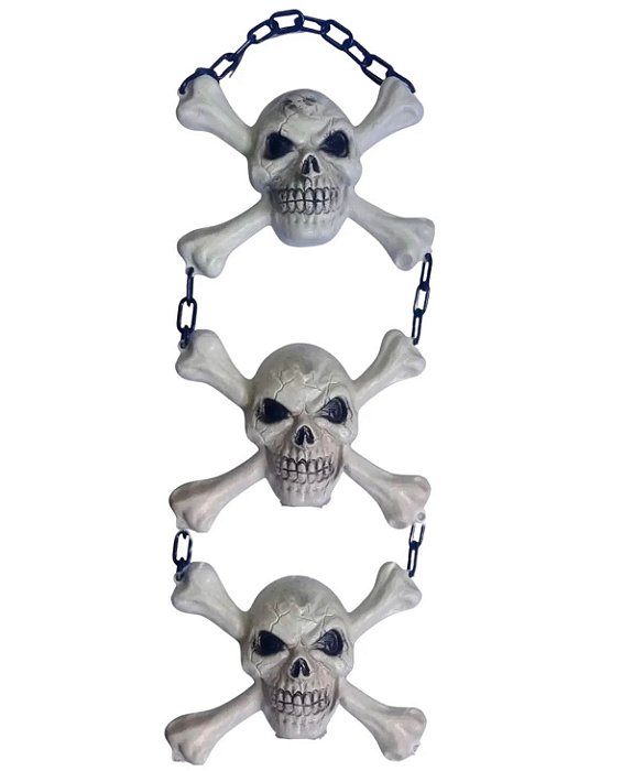 Enfeite 3 Caveiras Na Corrente Halloween 75 cm