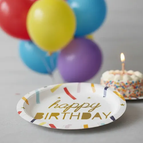 Prato de Papel Liso Happy Birthday 18cm - 10 Unidades