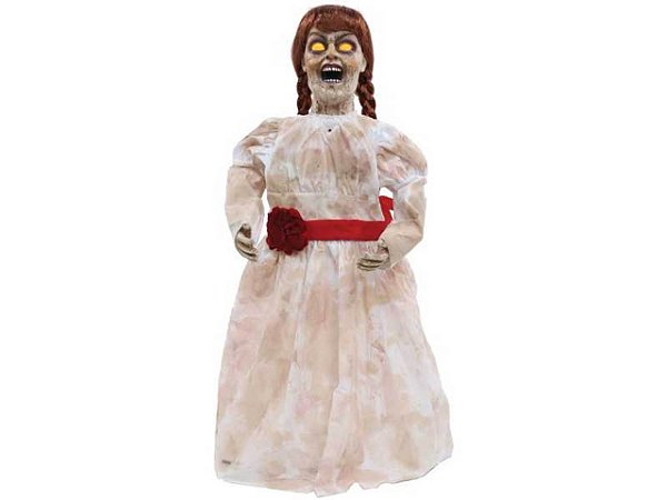 Boneca Decoração Evil Girl Doll Halloween - Acende Olhos/Braços Articulados/Sensor de Movimento - 32 pol.(82cm)