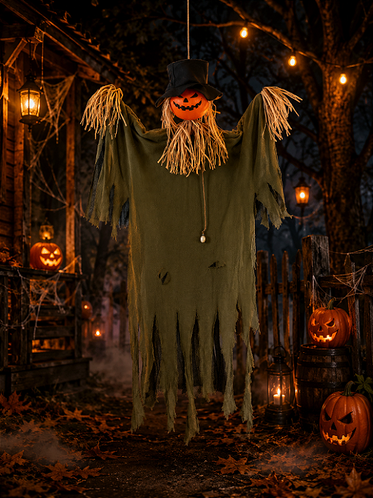 Espantalho Abóbora Pendurado com Som e Luz Halloween – 100cm