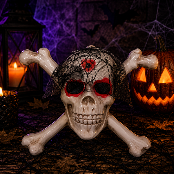 Caveira Branca de Plástico com Coração e Véu Preto Halloween - 36cm x 28cm