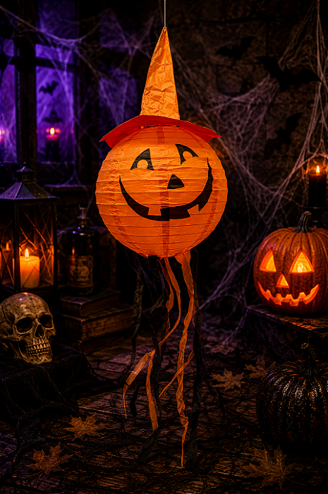 Enfeite Balão Luminária com Chapéu Halloween 30cm