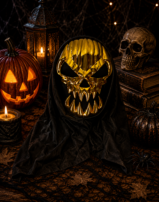 Máscara Caveira Abóbora C/ Capuz Halloween Metalizada - Dourada