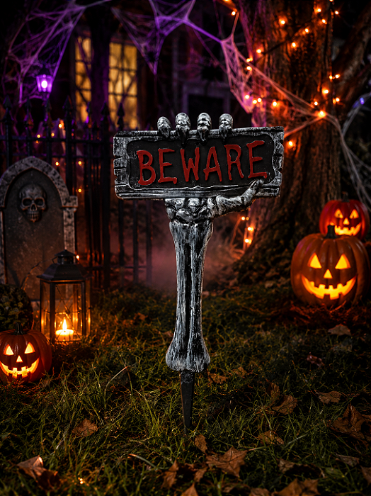 Enfeite Decorativo Estaca de Halloween - Placa Beware - 52x28cm
