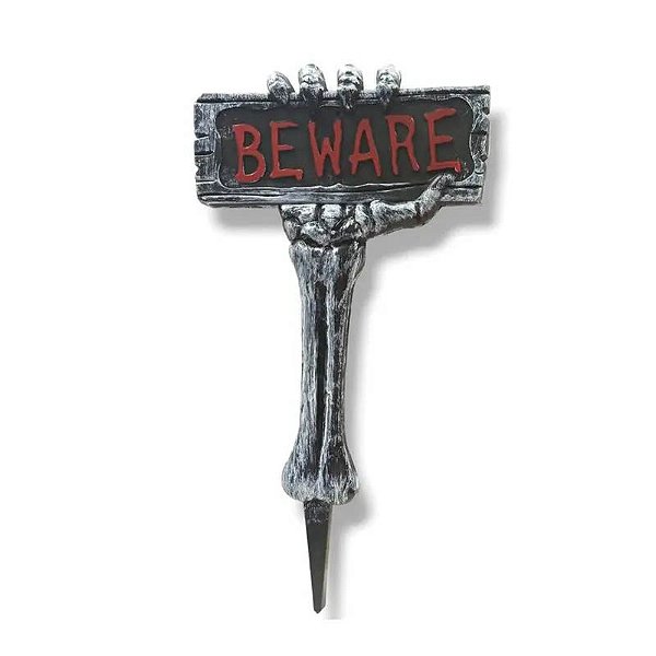 Enfeite Decorativo Estaca de Halloween - Placa Beware - 52cm x 28cm