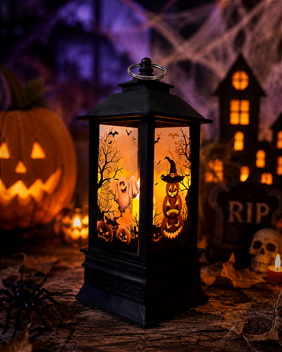 Lanterna de Halloween com Luzes de LED Laranja 19cm