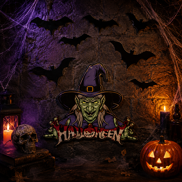Enfeite Cartonado Decoração Pendurar Bruxa Festa Halloween / 1 Bruxa + 7 Morcegos + Barbante